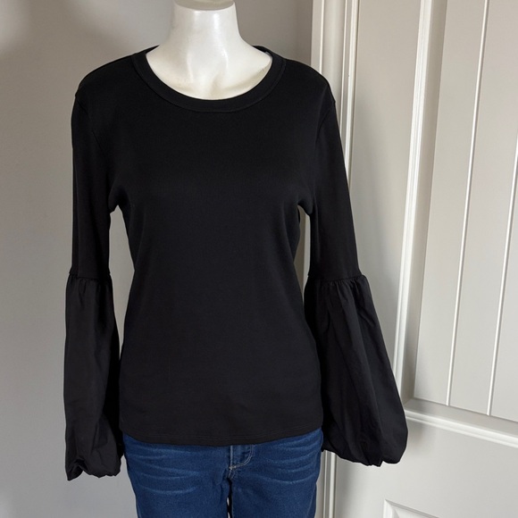 VERONICA BEARD  Clydes Top Black Flare Sleeve Ribbed Shirt Sz M - Picture 2 of 11
